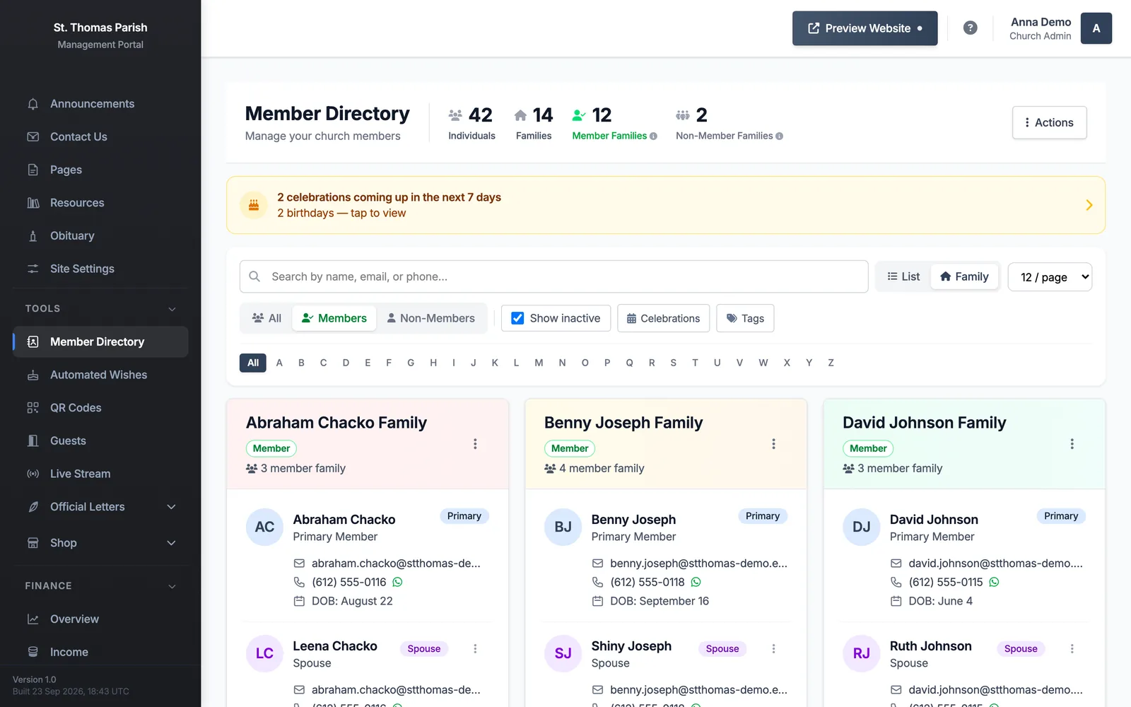 The ChapelDesk member directory: 42 people in 14 families, upcoming birthdays, and family cards with contact details